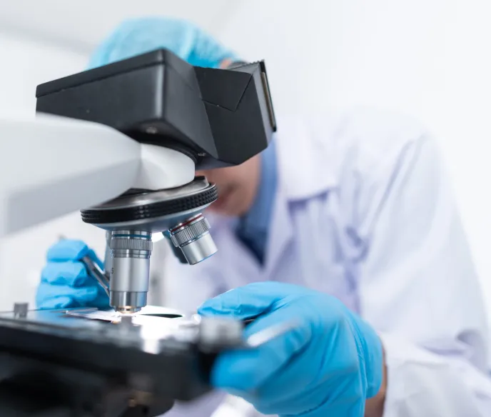 Scientist looking into microscope for prostate cancer research