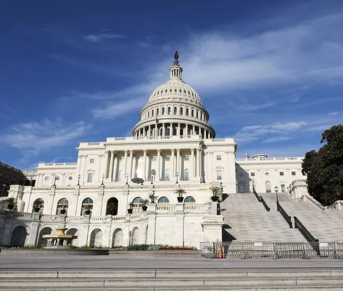 A grand building with a large dome topped by a statue, framed by a bright blue sky with wispy clouds. It features white columns and steps leading up to the entrance, with greenery and a fountain in the foreground.