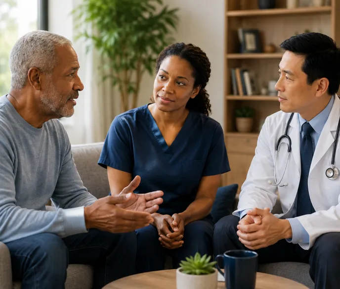 A patient, a nurse and a doctor sitting for a discussion
