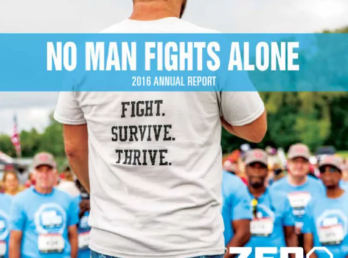 A cover of a report showing a man in white shirt saying "fight, survive, thrive"