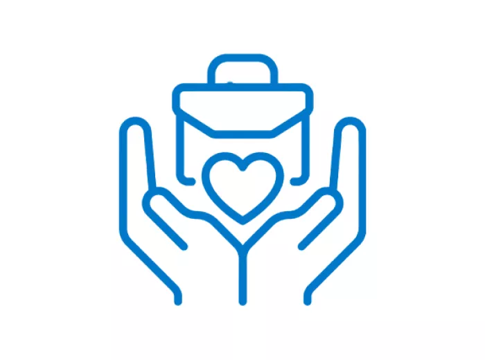 Two hands holding a briefcase that has a heart on it icon