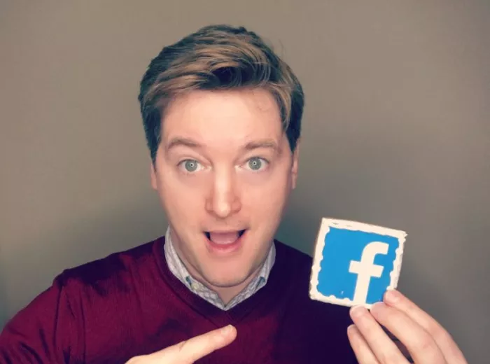 Man with blond hair pointing to a Facebook cookie, Scott Meeks
