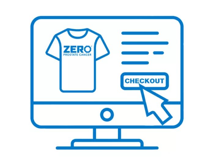 Icon of a computer with a tshirt that has the ZERO logo on it and an arrow hovering over the "checkout" button