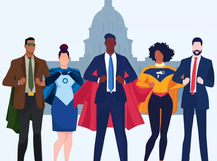 Illustration of superheroes in front of the US Capitol building