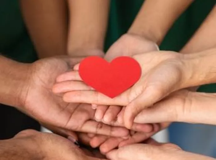 Multiple hands holding read heart