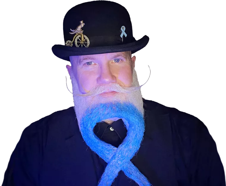 Man with a top hat and blue beard