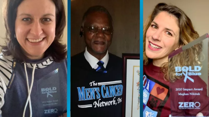 The 2021 Virtual Summit Bold for Blue Impact award winners, from right to left: Stephanie Mueller, Freddie Must Jr., and Meghan Nikituk