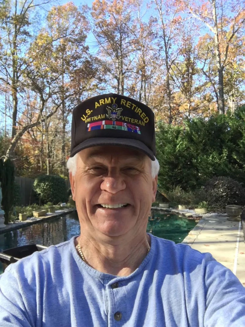 Barry wearing a U.S. army retired Vietnam Veteran hat