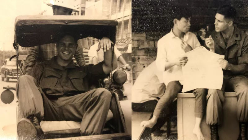 A man riding in a Vietnamese tricycle and the same man pictured later speaking to a native Vietnamese 