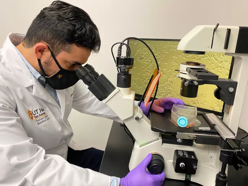 Jose Gutierrez looking in a microscope in the lab