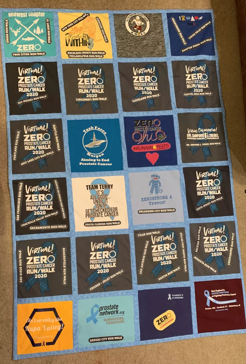 A quilt made out of the race shirts Stephanie Miller gathered during her 41 race spree