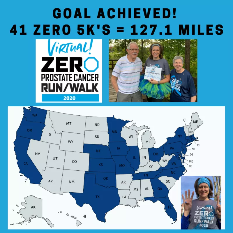 Stephanie Mueller's ZERO goal achieved of 41 5k runs at 127.5 miles for Prostate cancer awareness