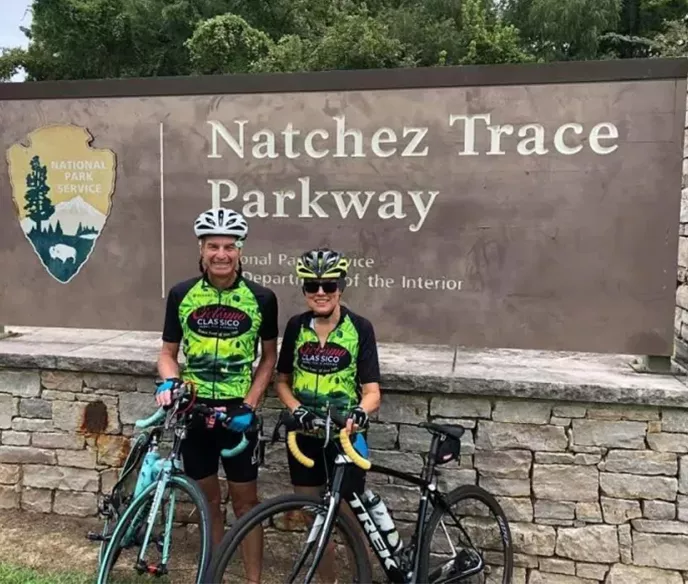 Jan CJohnson at Natchez Trace on bike