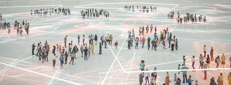 A large digital crowd grouped by visible lines