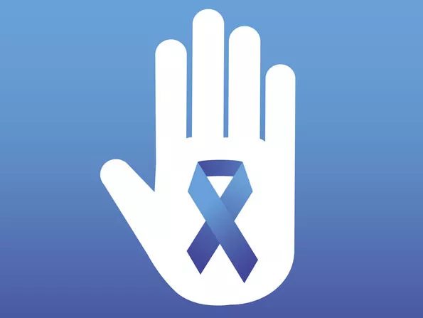 Logo of a palm with a blue ribbon over it