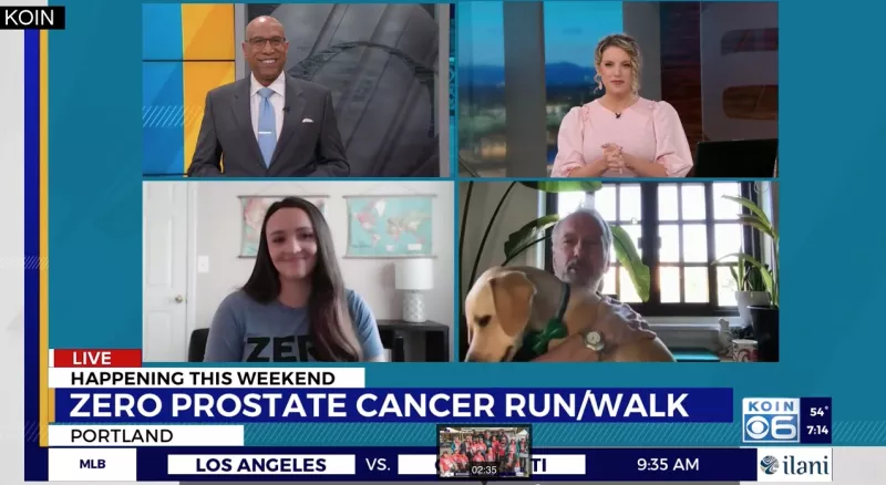 TV screen with 4 people presenting about ZERO Prostate Cancer RunWalk