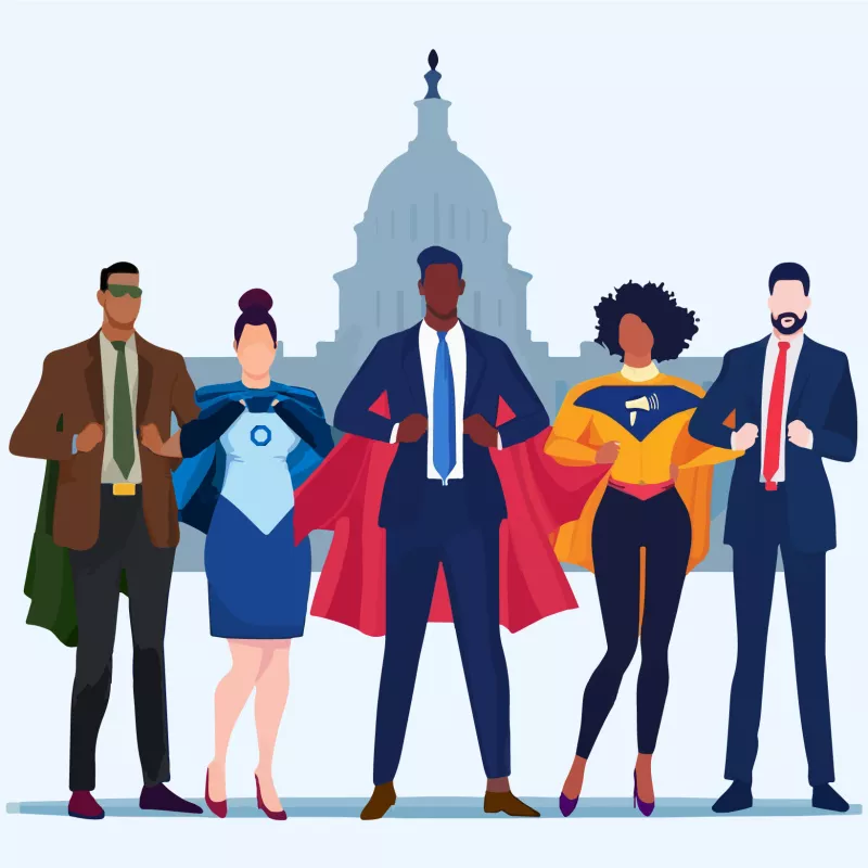 Illustration of superheroes in front of the US Capitol building