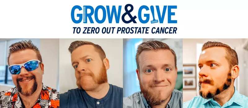 A graphic with the Grow & Give logo at the top and four photos of a man, each with him having a different style of beard