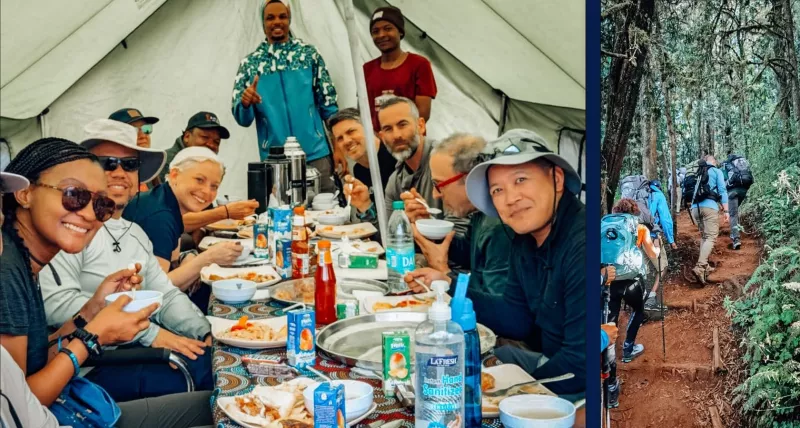 Two photos of Peaks hikers left side of all in a tent sitting at a table and right is hikers going up the mountain