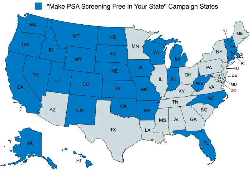 Map of United States with blue and gray states showing the gray states as the states inwhich still need to make PSA screening free