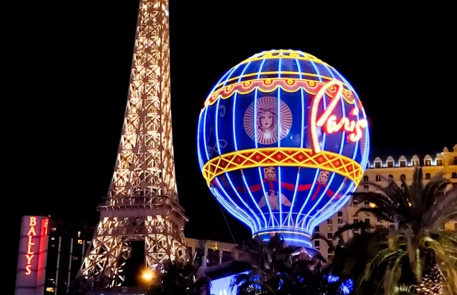 The Paris Hotel Las Vegas against the night sky.