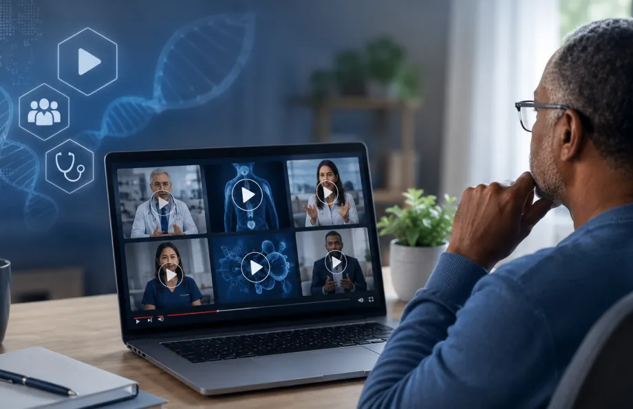 Person watching an educational webinar on advanced prostate cancer, representing trusted online videos and resources for patients and caregivers.