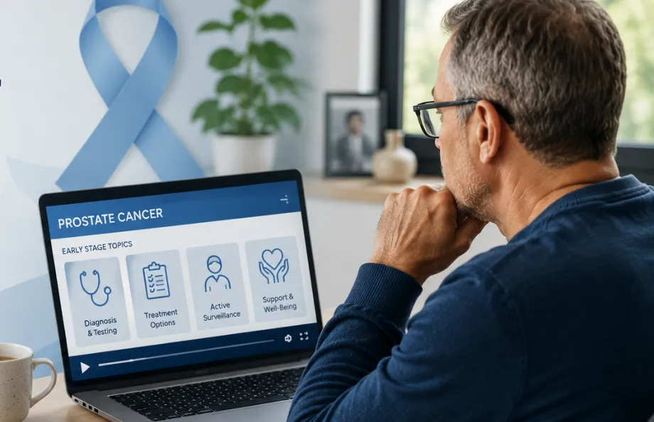 Person watching educational prostate cancer videos on a laptop, representing online resources for people with early-stage prostate cancer.