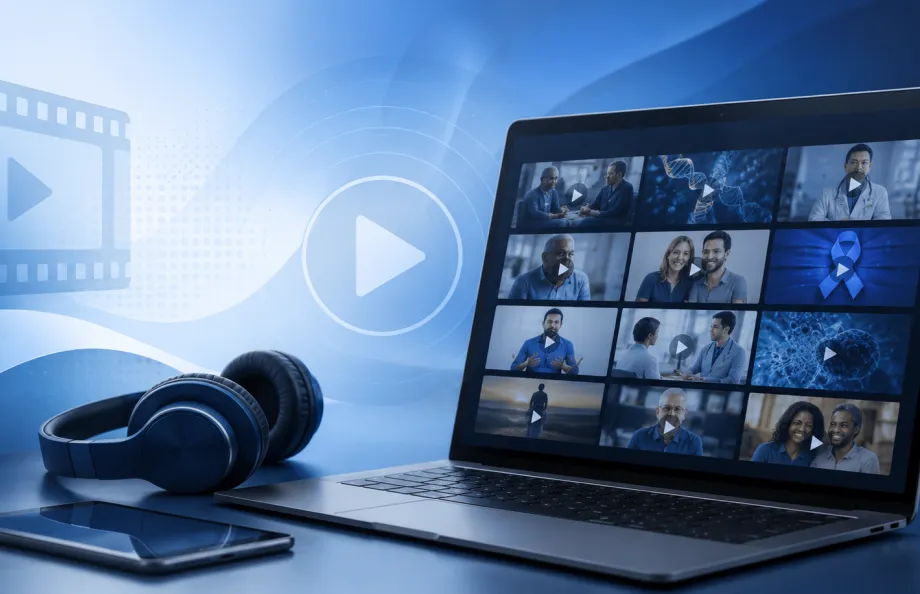 Illustration of a digital video library featuring educational prostate cancer videos, webinars, and health resources displayed on a laptop.