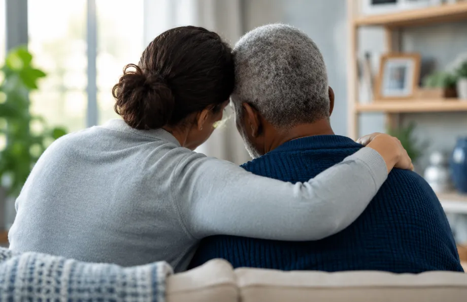 Illustration representing a caregiver providing comfort and emotional support to a loved one affected by prostate cancer.