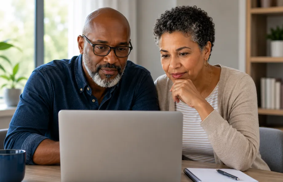 Illustration of diverse adults collaborating while viewing prostate cancer educational resources on a laptop.