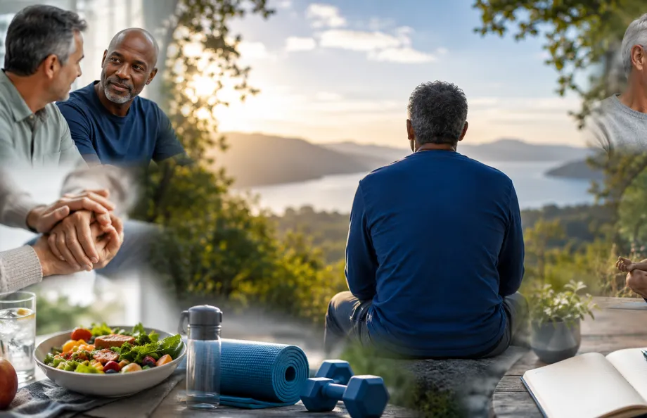 Illustration representing mental health and well-being during the prostate cancer journey, featuring moments of reflection, support, healthy living, relationships, and self-care.
