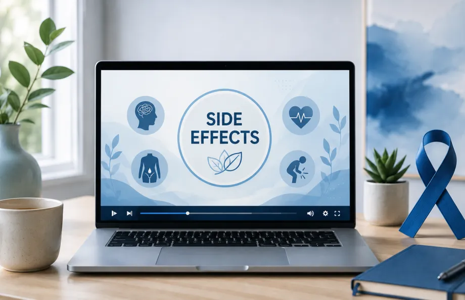 Laptop displaying a webinar about prostate cancer side effects, representing educational videos and resources on managing treatment side effects and quality of life.