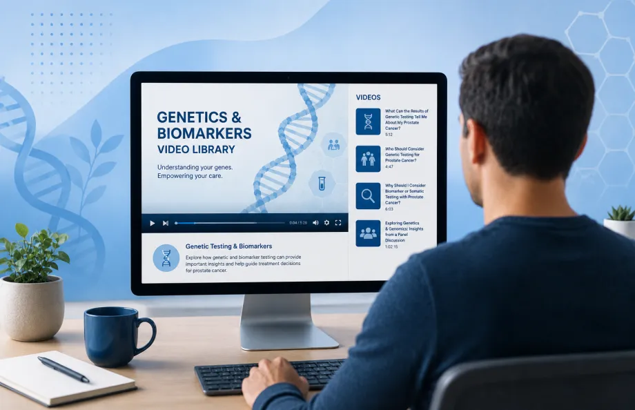 Person viewing a genetics and biomarkers educational video library on a computer, representing expert-led videos and webinars about genetic testing, biomarker testing, and personalized prostate cancer care.