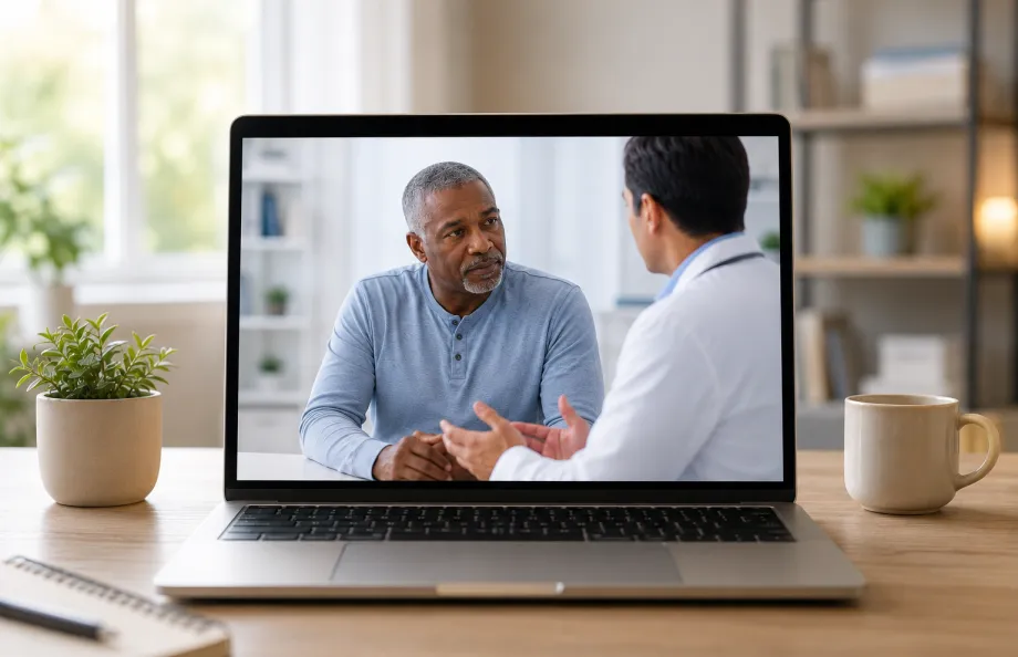 Man watching a video discussion with a healthcare provider about prostate cancer clinical trials.