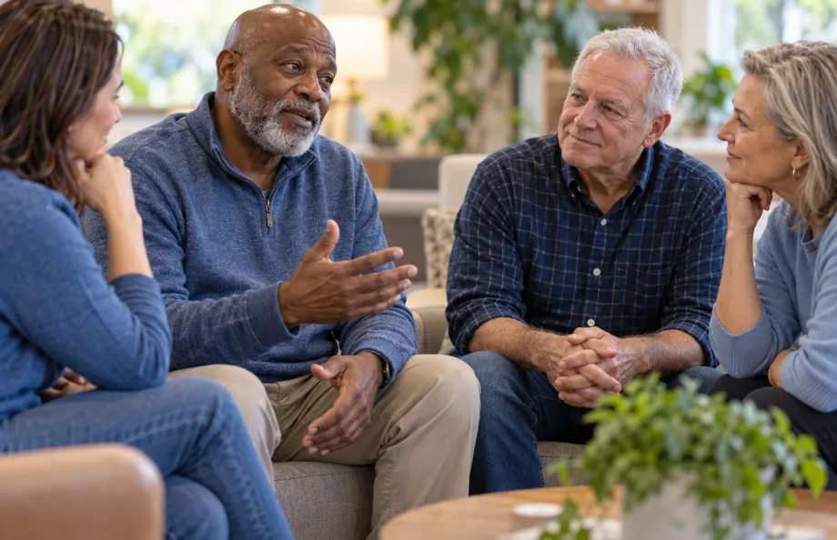A group of people sitting on a couch discussing